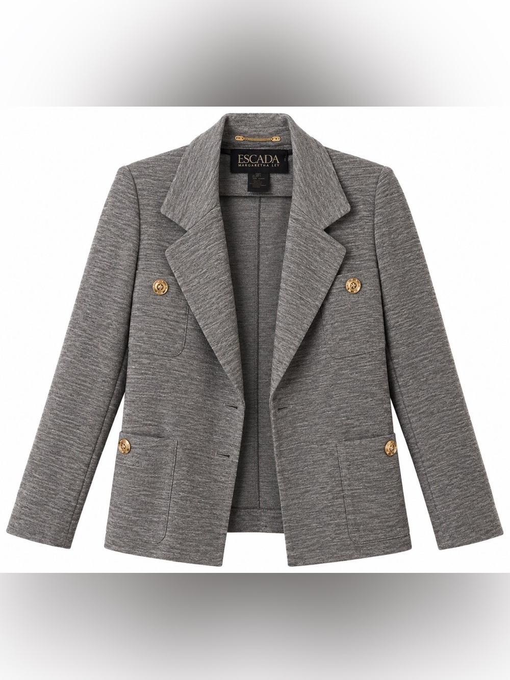 Escada Heather Gray Double-Breasted Knit Blazer with Gold Buttons